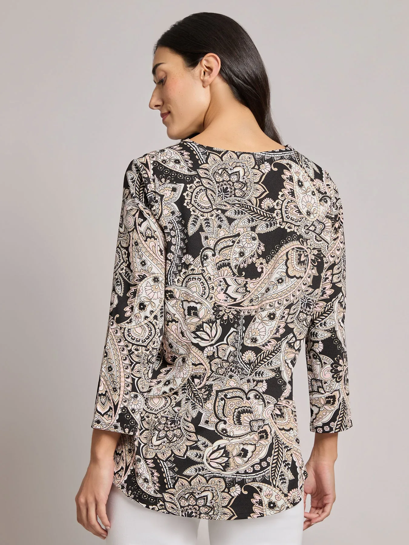 Printed Keyhole Neckline Top, Moss Crepe