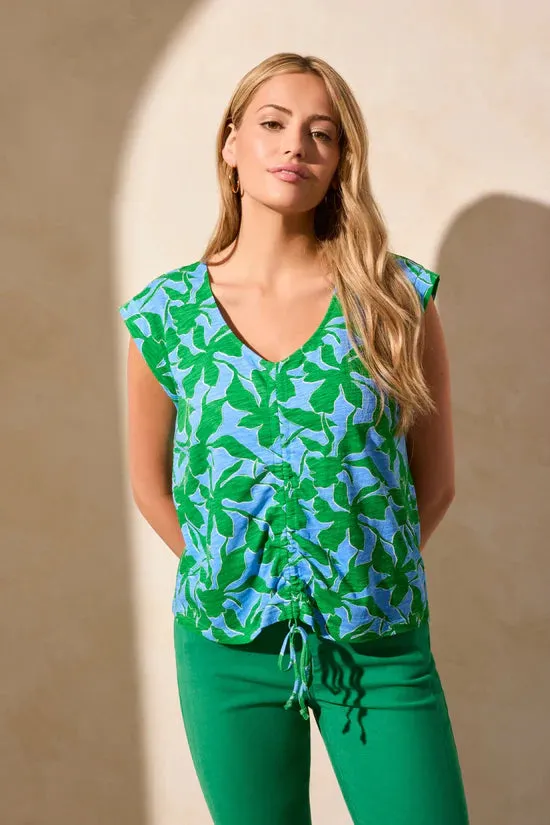 Printed Sleeveless V-Neck Top w/ Sheering - Deep Sea