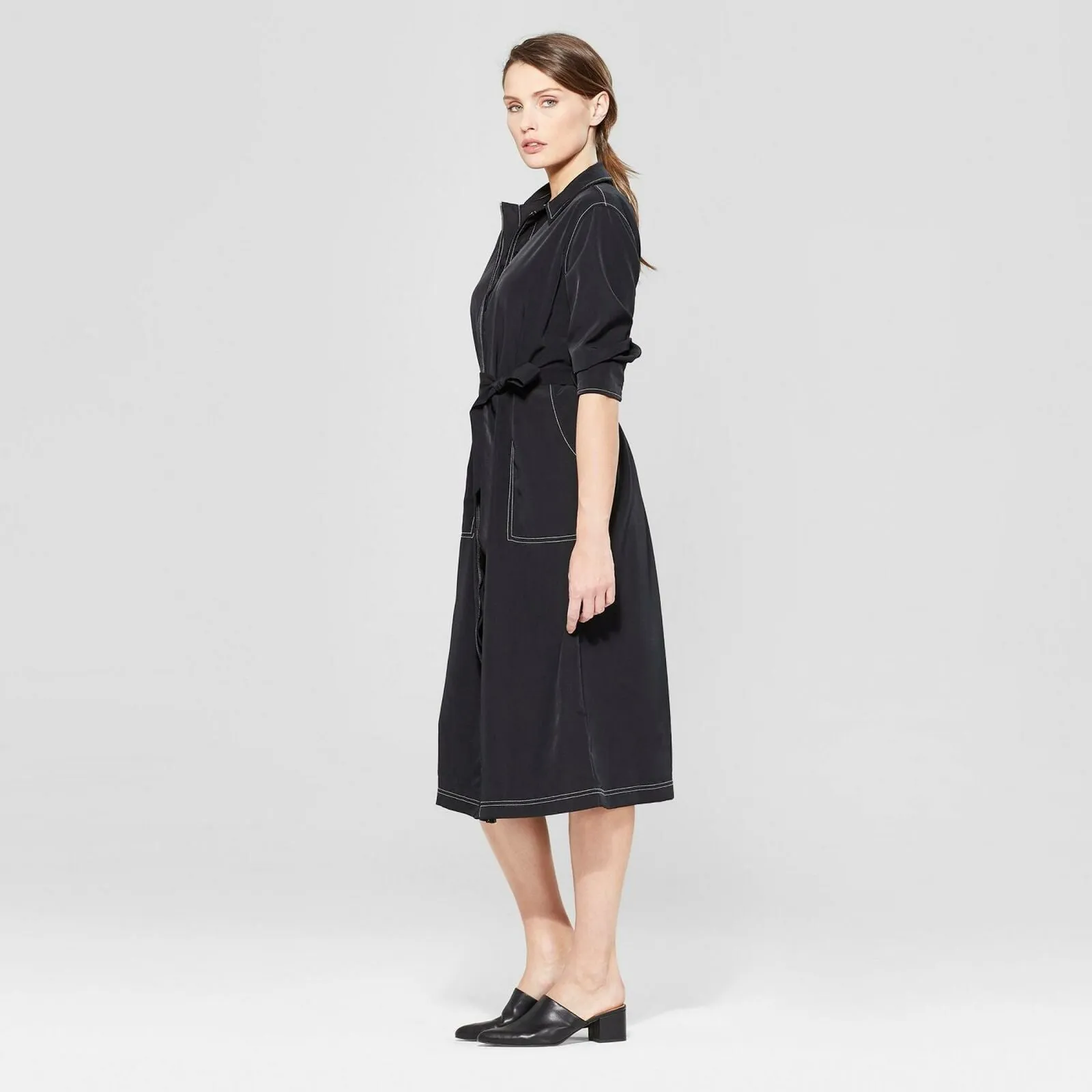Prologue Women's Long Sleeve Collared Topstitching Midi Dress