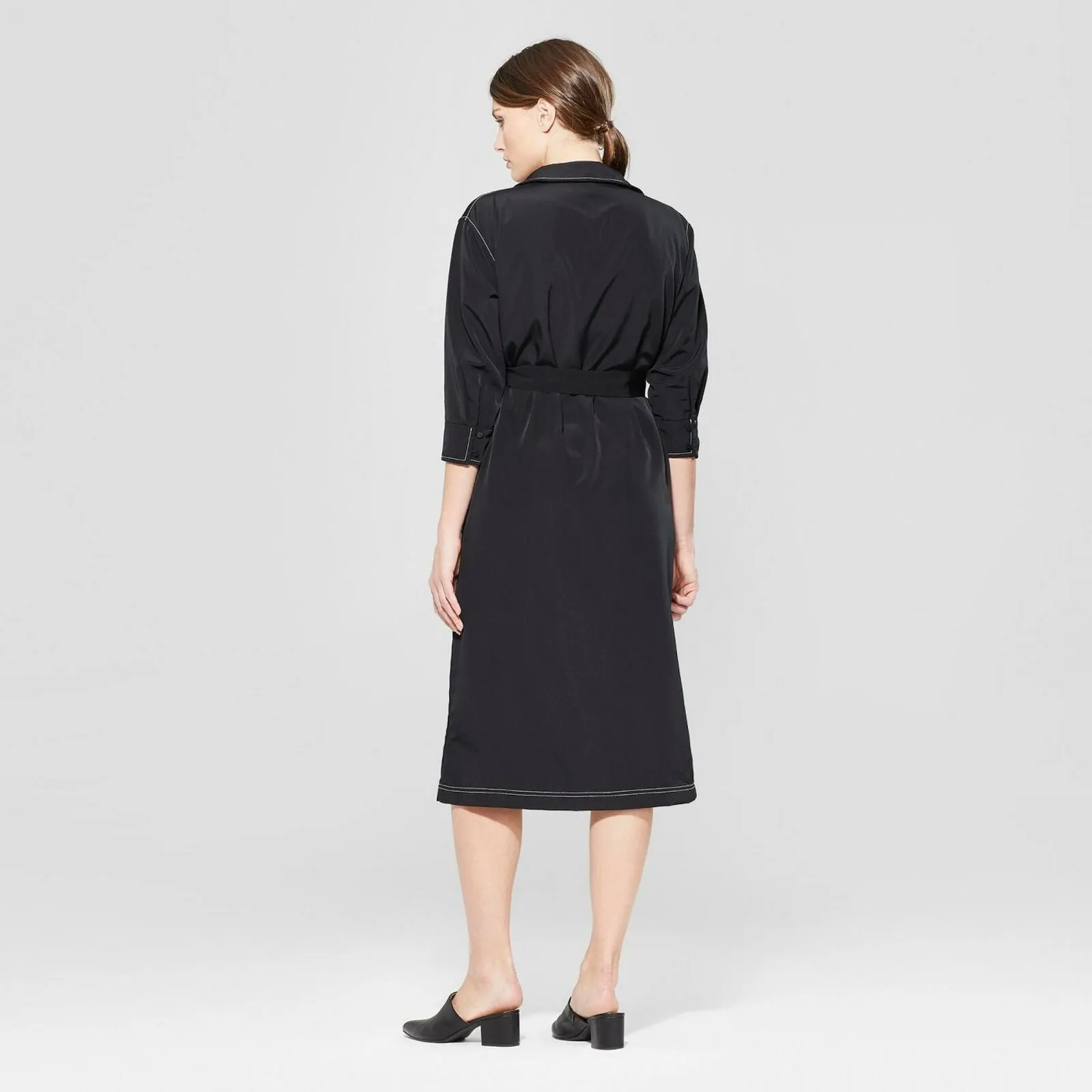 Prologue Women's Long Sleeve Collared Topstitching Midi Dress