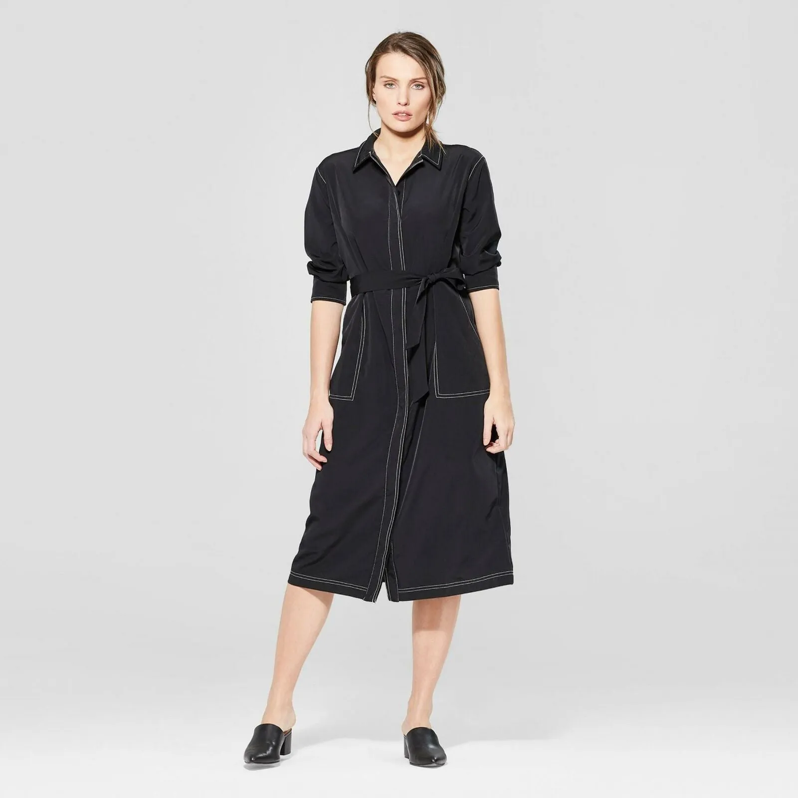 Prologue Women's Long Sleeve Collared Topstitching Midi Dress