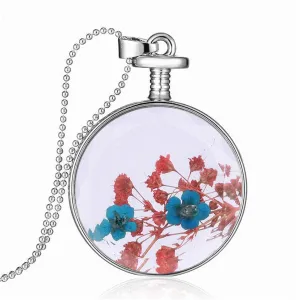 Purple & Red Pressed Peach Flower Round Pendant Necklace