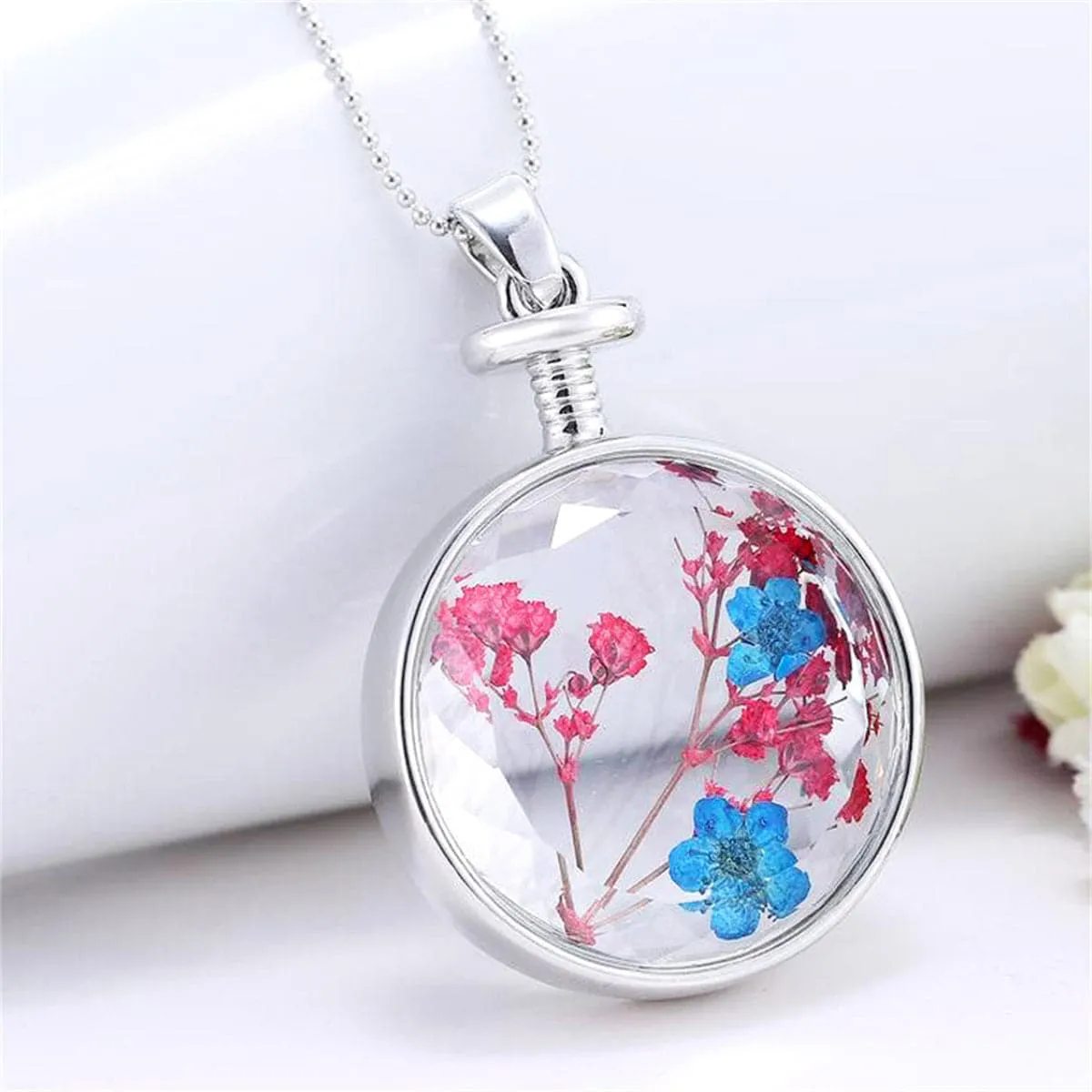 Purple & Red Pressed Peach Flower Round Pendant Necklace