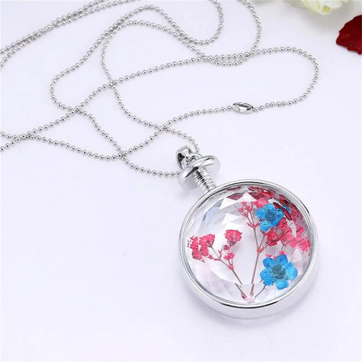 Purple & Red Pressed Peach Flower Round Pendant Necklace