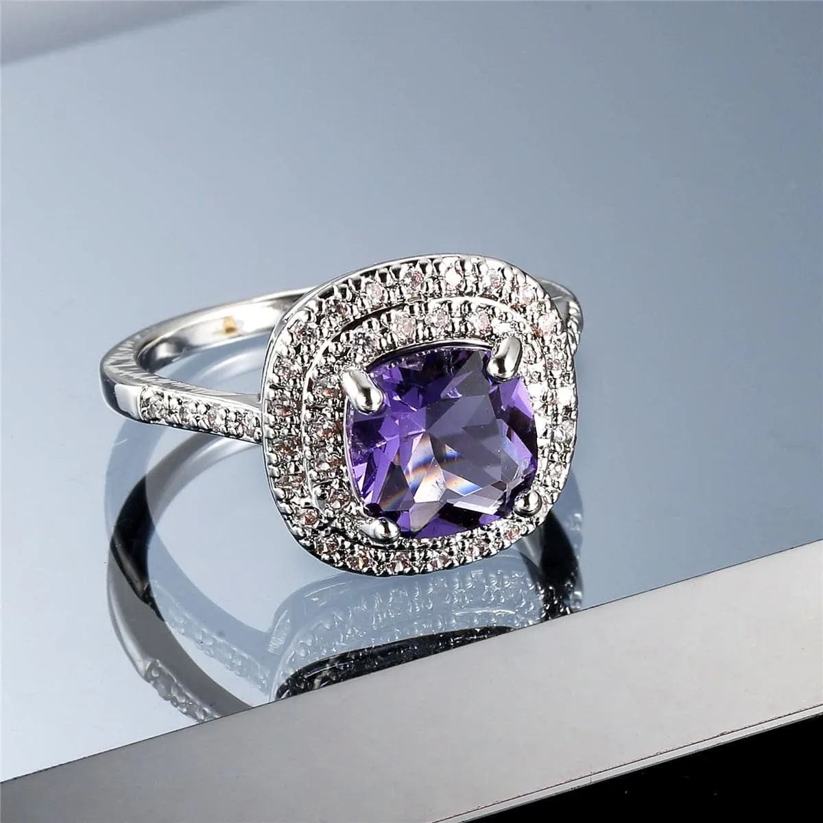 Purple Crystal & Cubic Zirconia Double Halo Ring