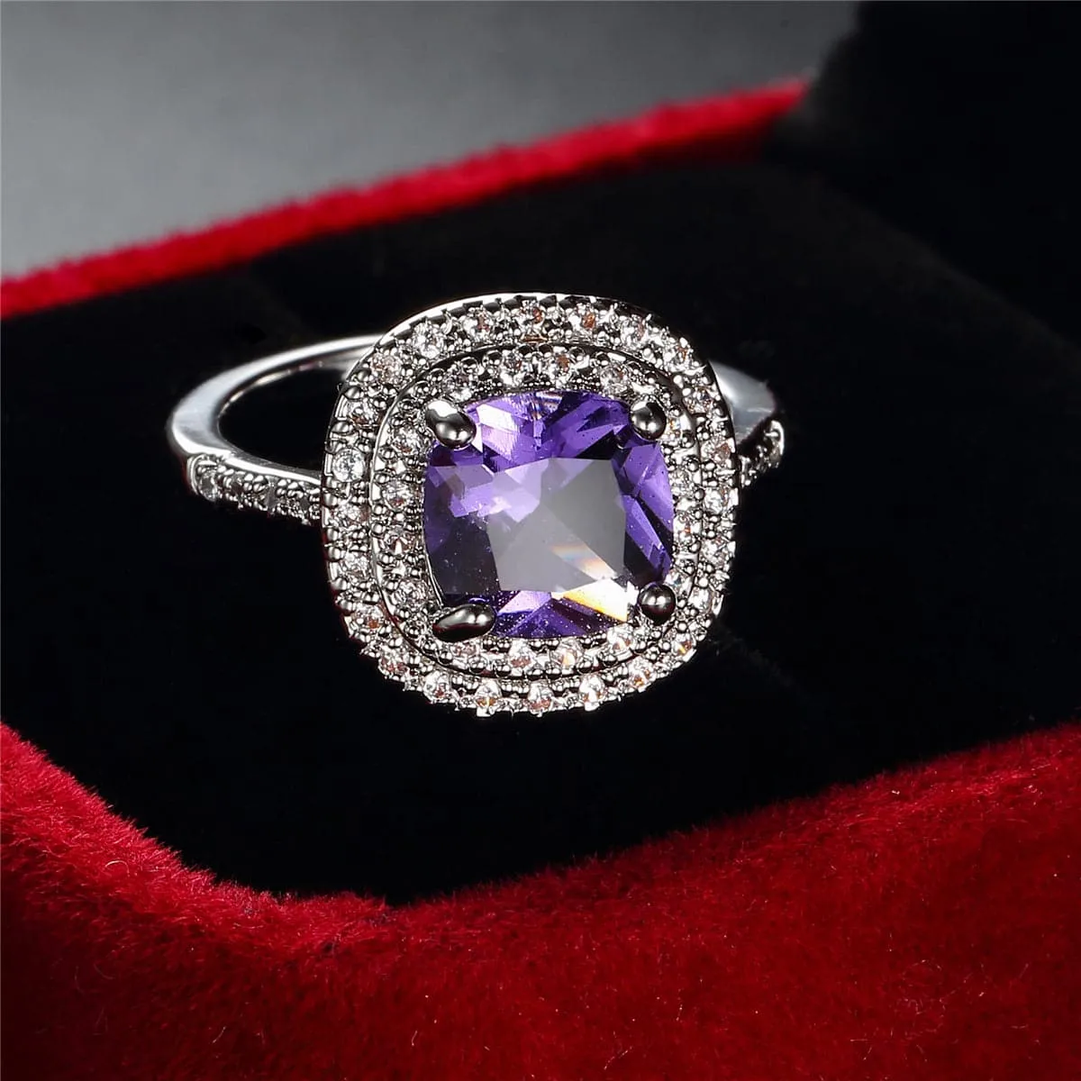 Purple Crystal & Cubic Zirconia Double Halo Ring