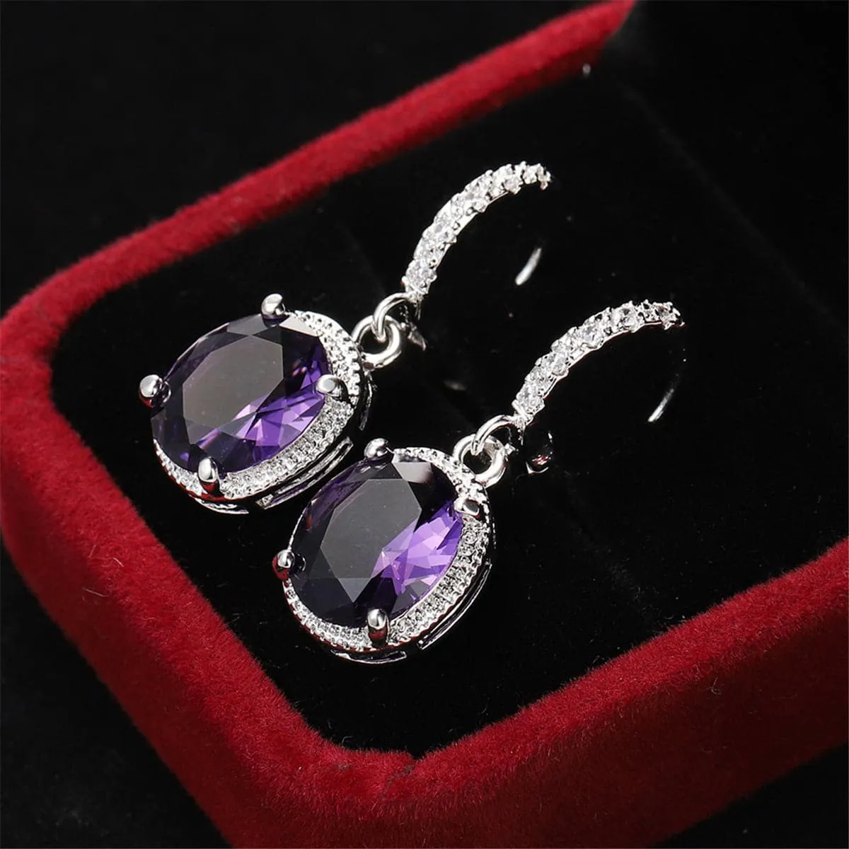 Purple Crystal & Cubic Zirconia Oval Drop Earrings