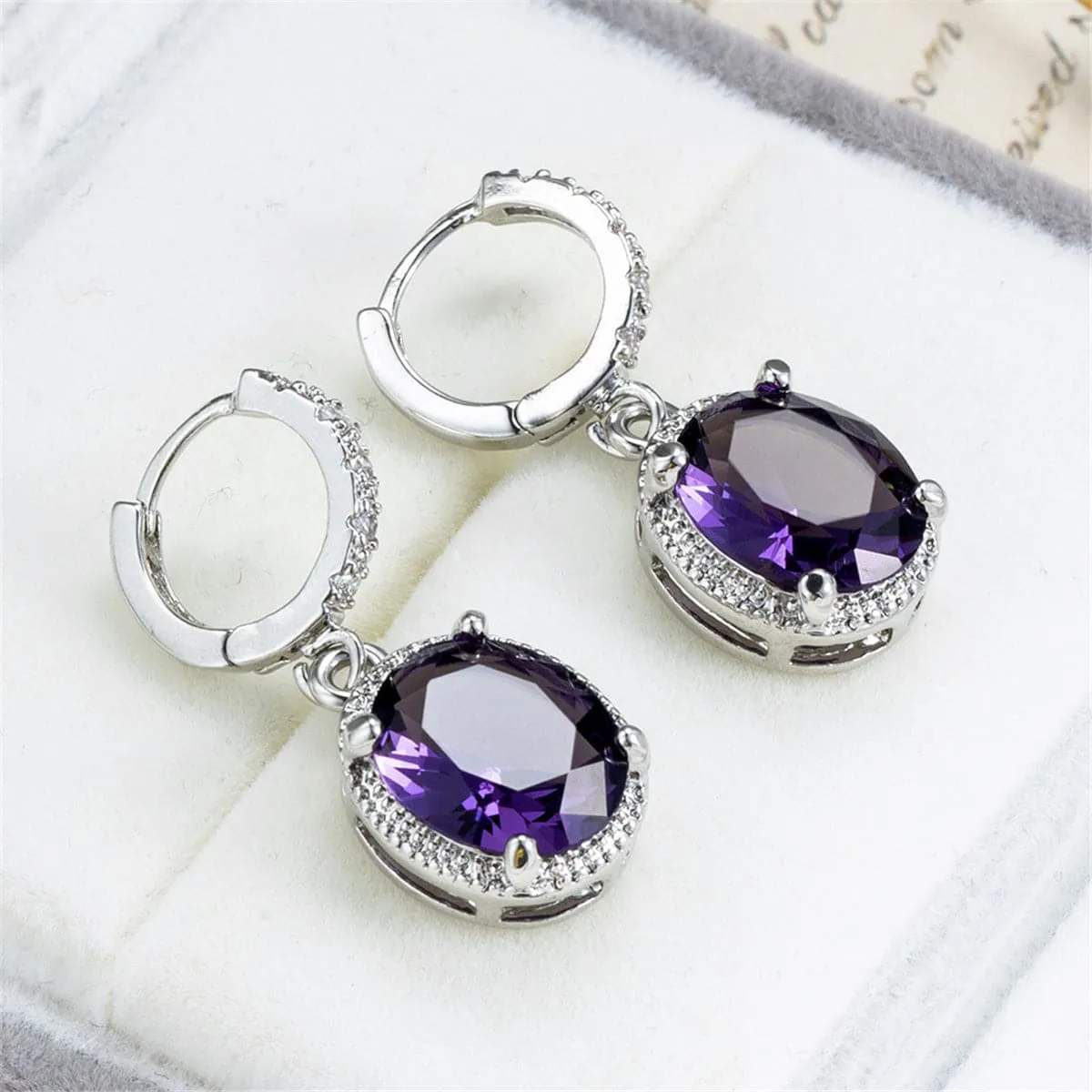 Purple Crystal & Cubic Zirconia Oval Drop Earrings