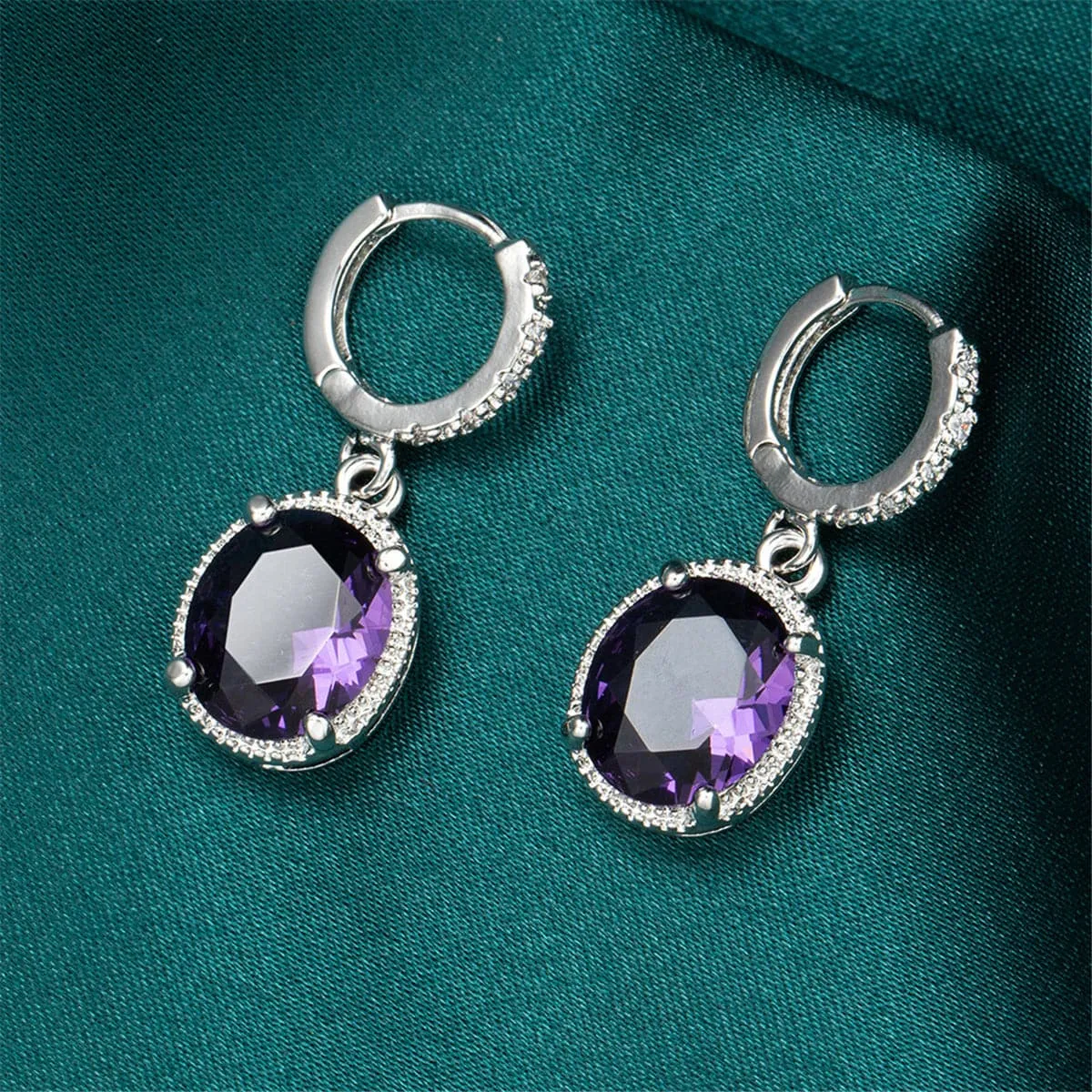 Purple Crystal & Cubic Zirconia Oval Drop Earrings