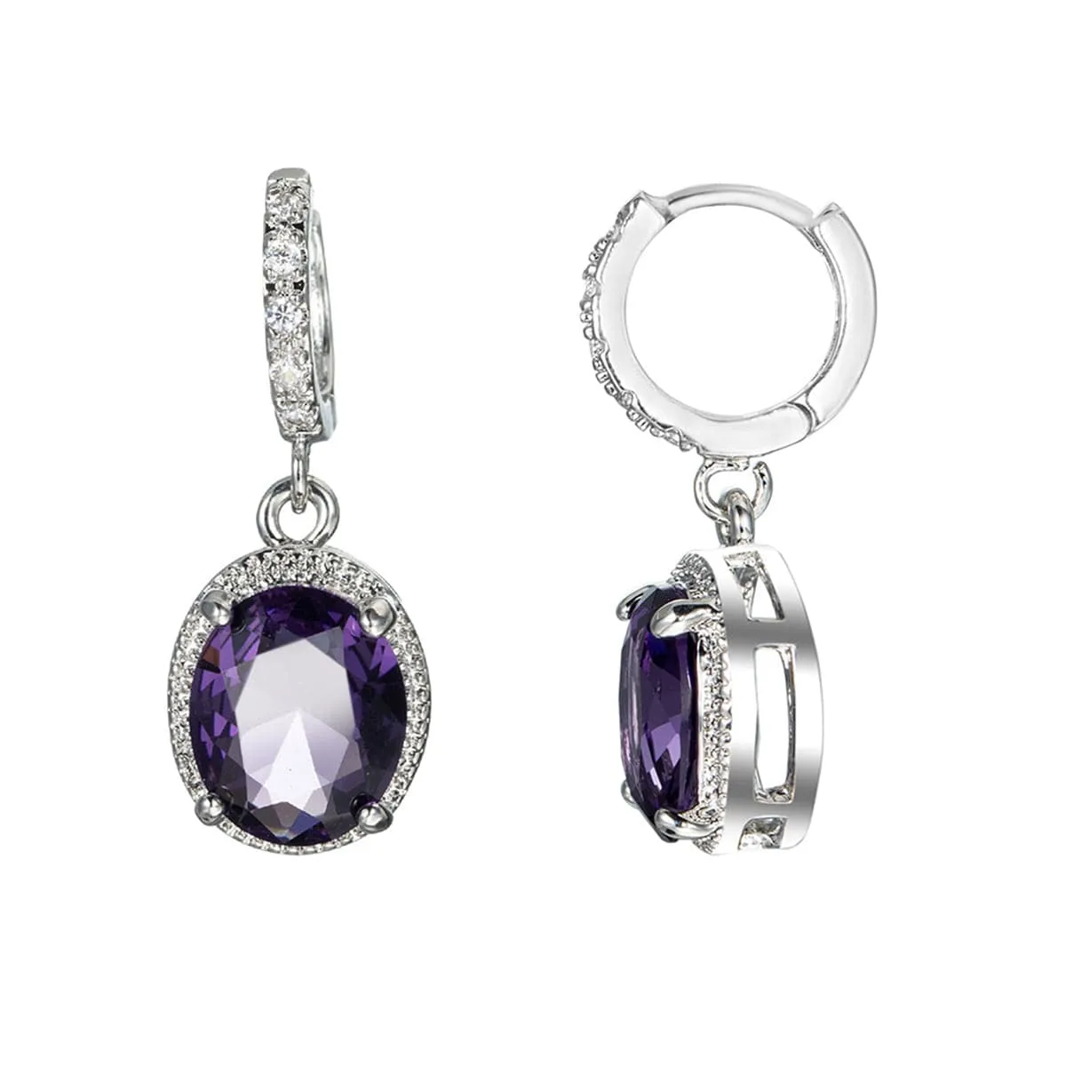 Purple Crystal & Cubic Zirconia Oval Drop Earrings