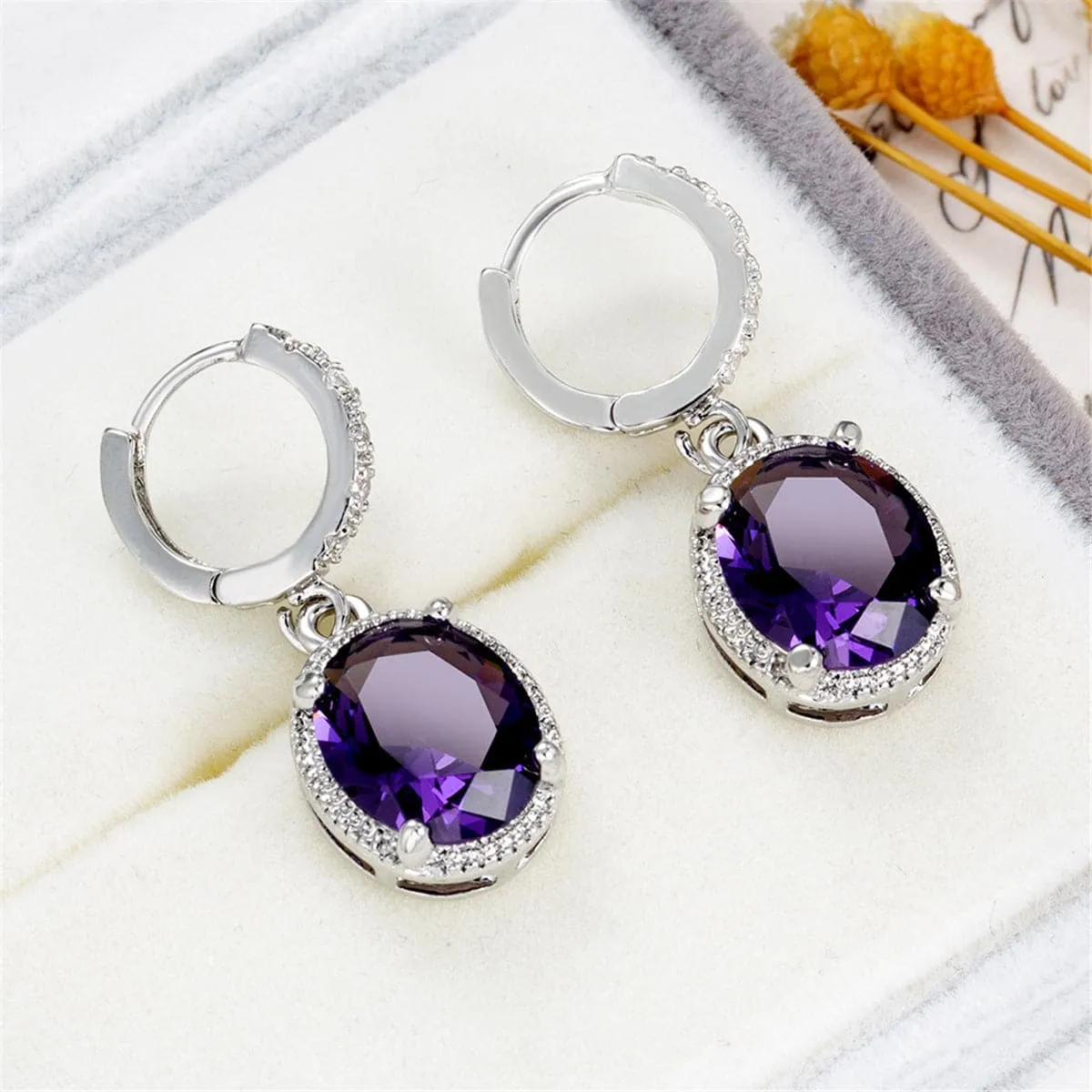 Purple Crystal & Cubic Zirconia Oval Drop Earrings