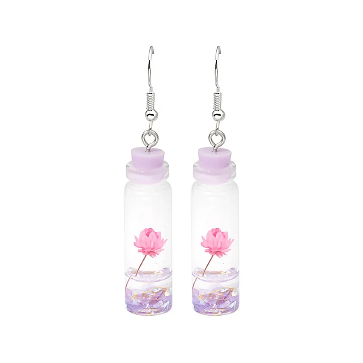 Purple Flower & Silver-Plated Drift Bottle Drop Earrings