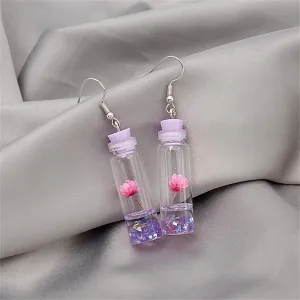 Purple Flower & Silver-Plated Drift Bottle Drop Earrings