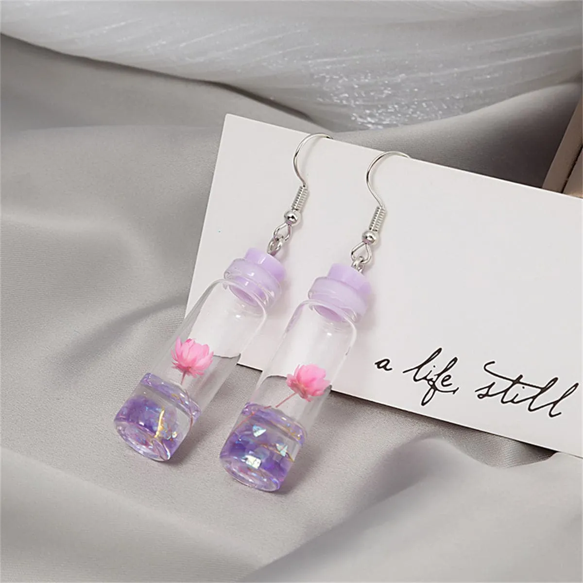 Purple Flower & Silver-Plated Drift Bottle Drop Earrings