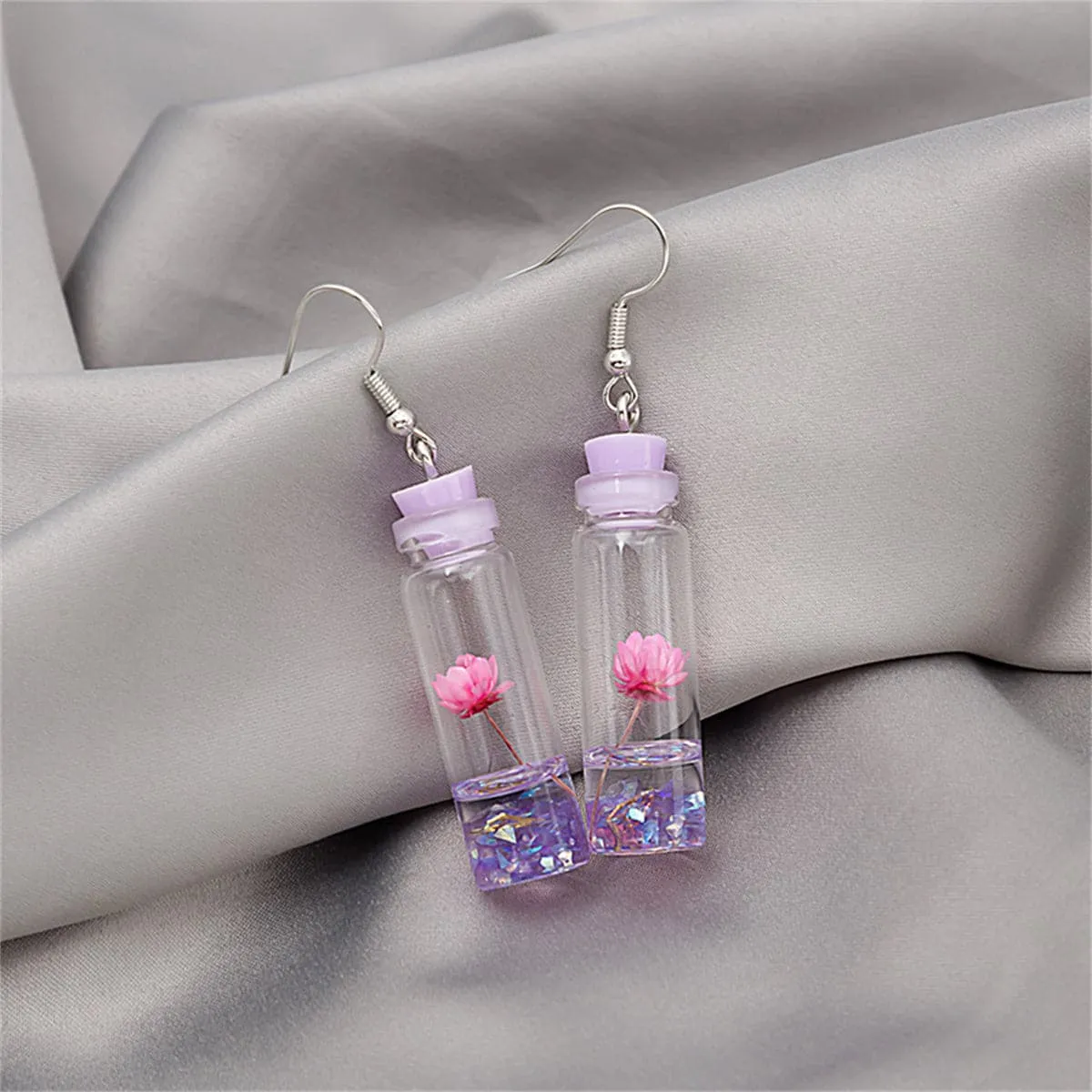 Purple Flower & Silver-Plated Drift Bottle Drop Earrings