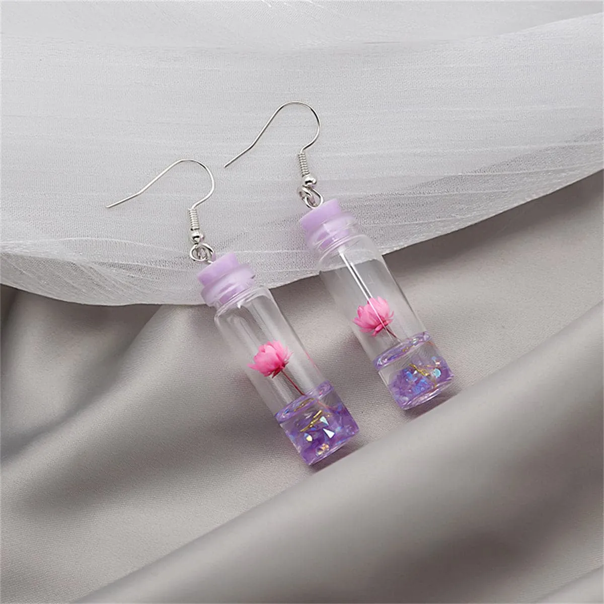 Purple Flower & Silver-Plated Drift Bottle Drop Earrings