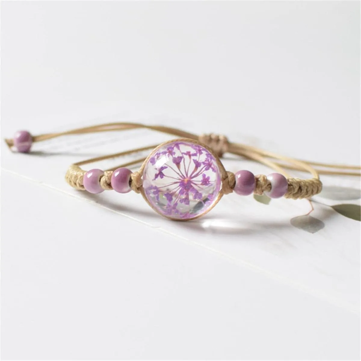 Purple Gypsophila & Ceramic Bead Adjustable Bracelet