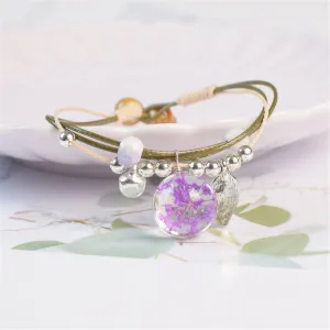 Purple Gypsophila & Silver-Plated Feather Bell Charm Bracelet