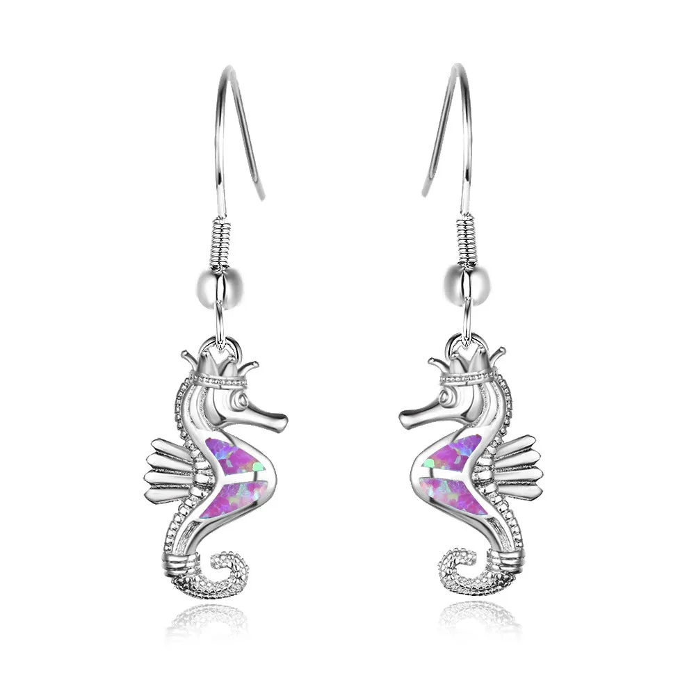 Purple Opal & Silver-Plated Sea Horse Drop Earrings