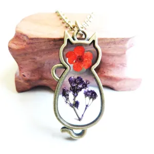 Purple Peach Blossom & 18K Gold-Plated Cat Pendant Necklace