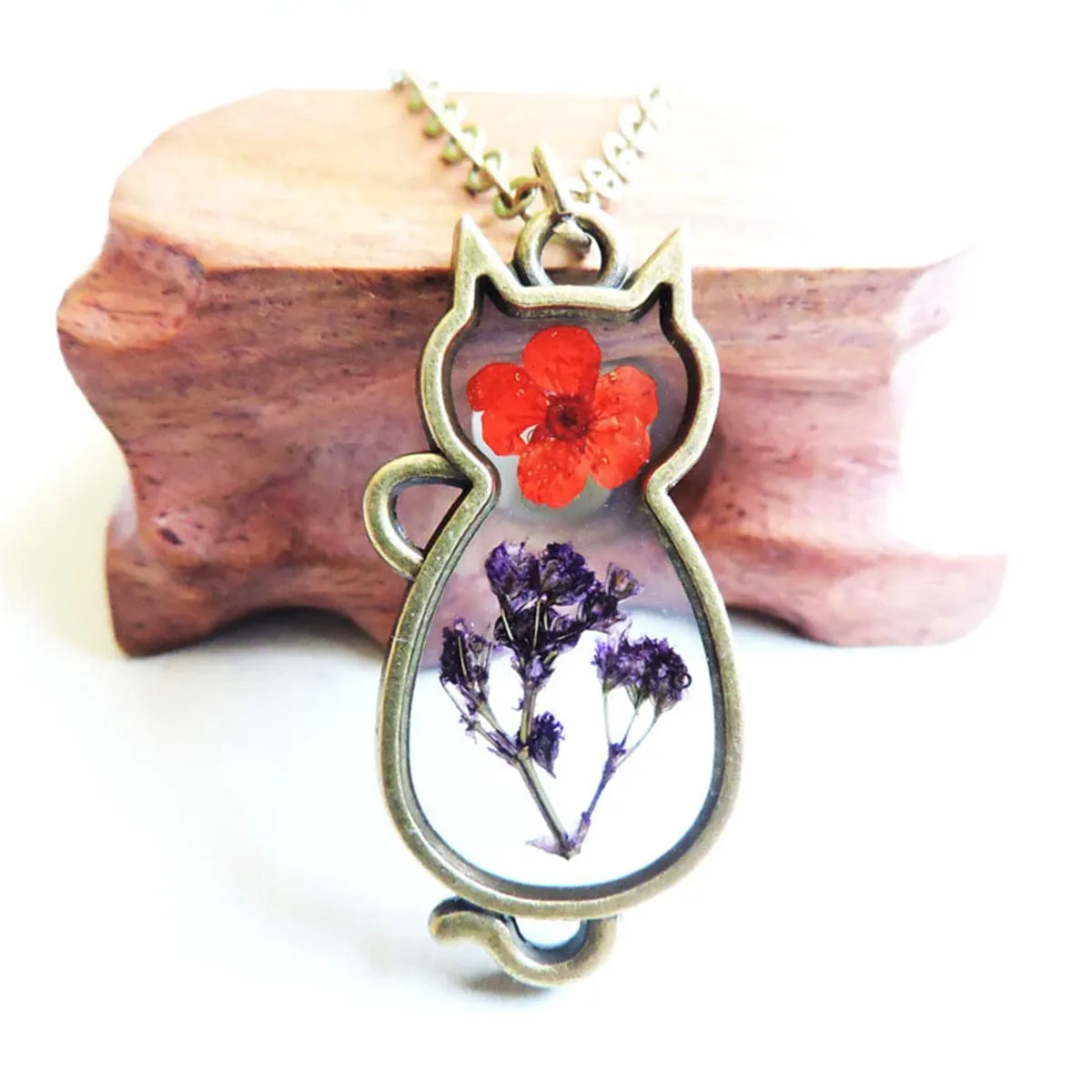 Purple Peach Blossom & 18K Gold-Plated Cat Pendant Necklace