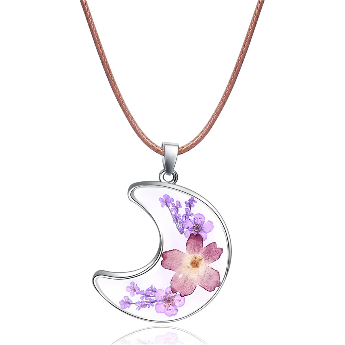 Purple Peach Blossom & Silver-Plated Moon Pendant Necklace