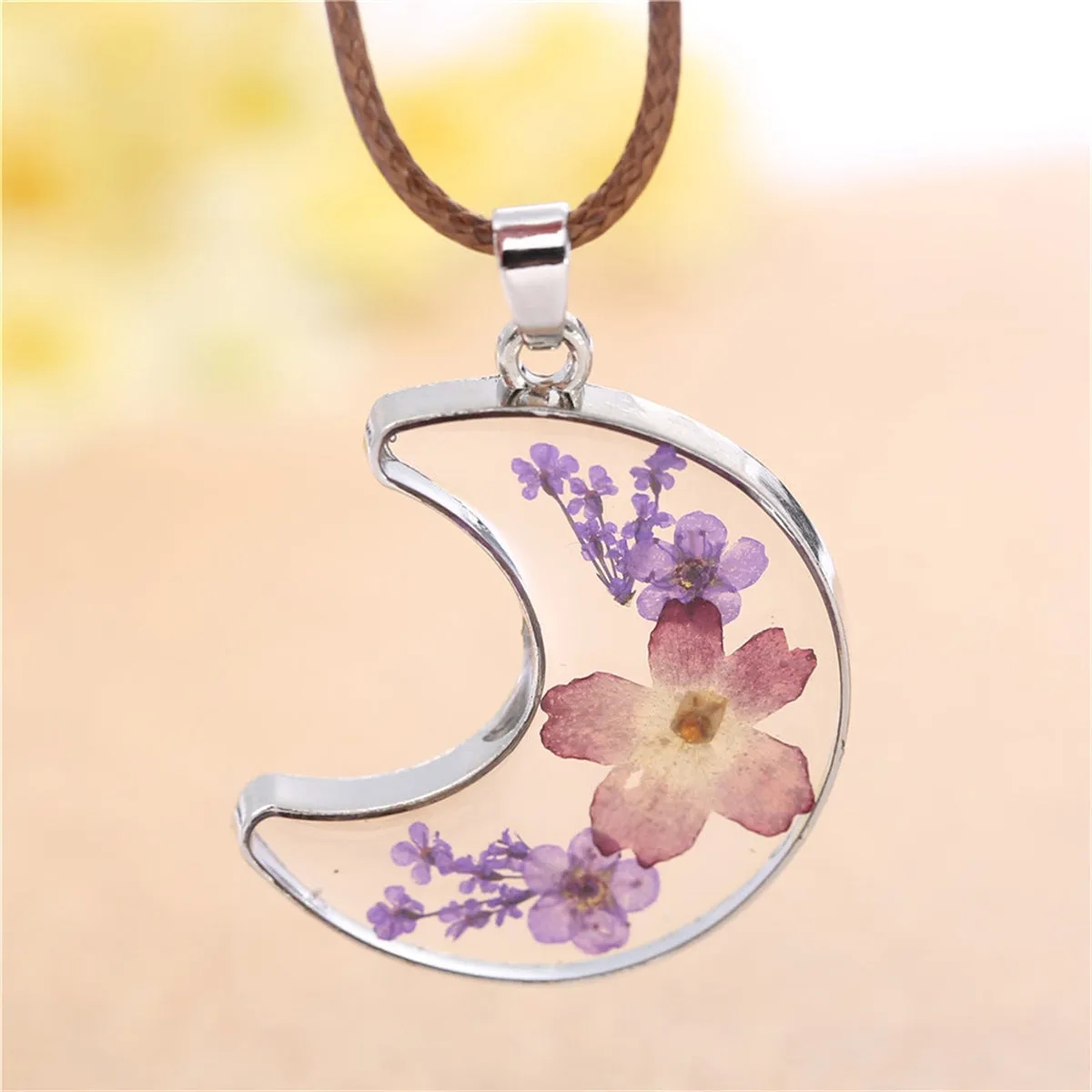 Purple Peach Blossom & Silver-Plated Moon Pendant Necklace