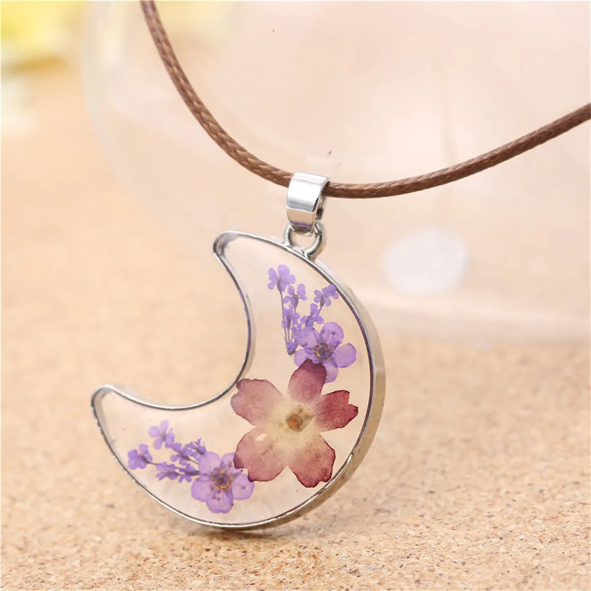 Purple Peach Blossom & Silver-Plated Moon Pendant Necklace