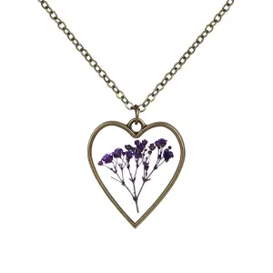 Purple Pressed Flower & 18K Gold-Plated Heart Pendant Necklace