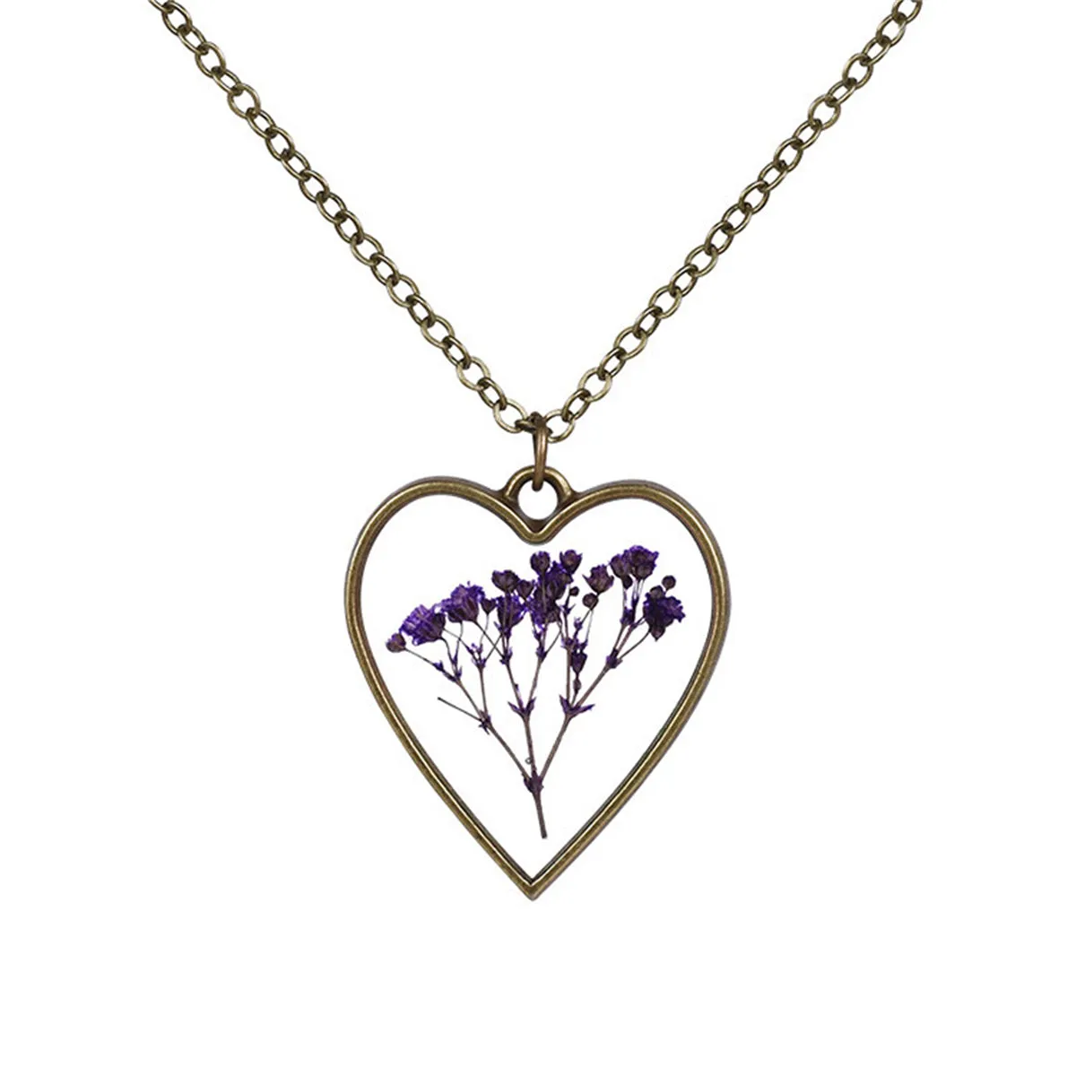 Purple Pressed Flower & 18K Gold-Plated Heart Pendant Necklace