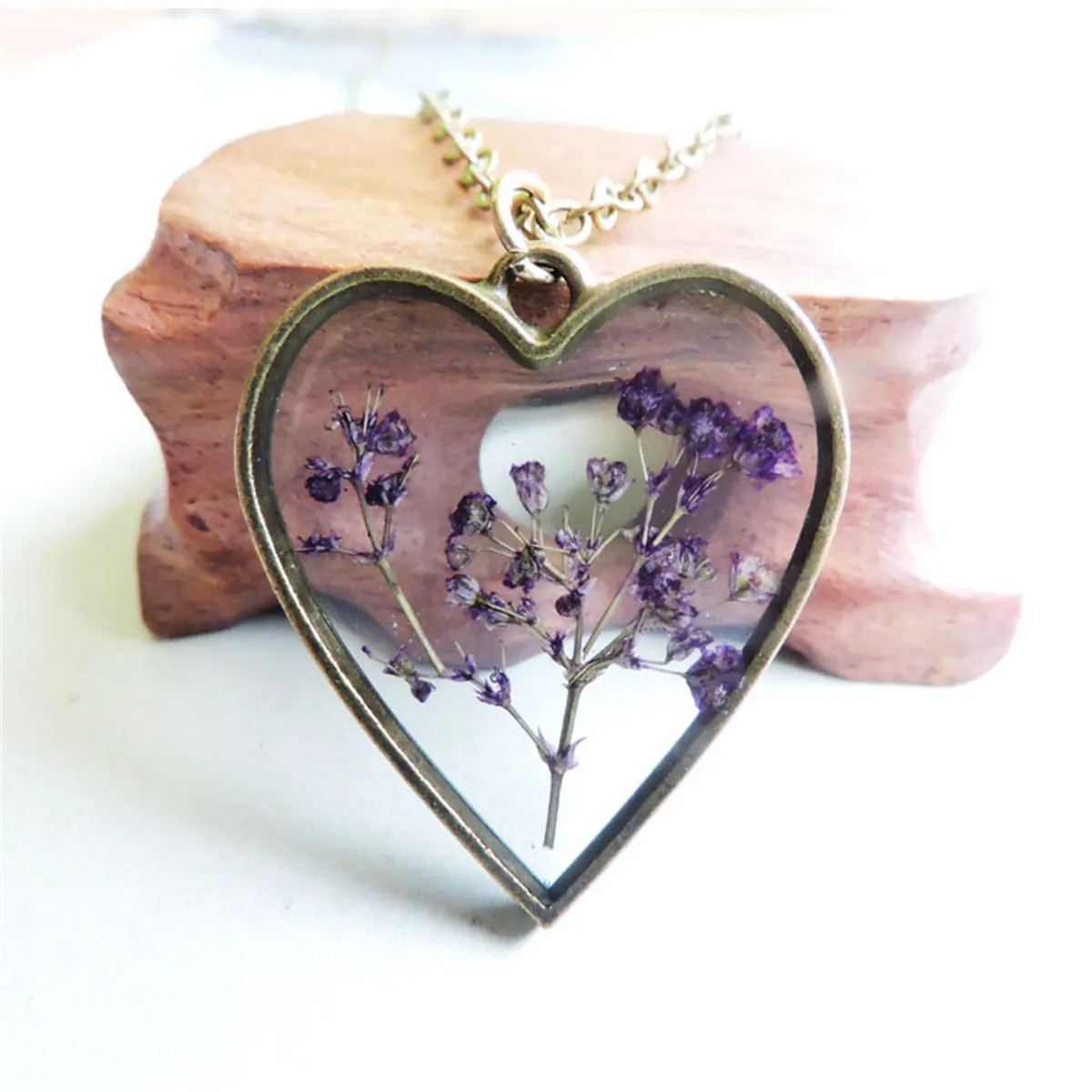 Purple Pressed Flower & 18K Gold-Plated Heart Pendant Necklace