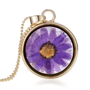 Purple Pressed Mum & 18K Gold-Plated Round Pendant Necklace
