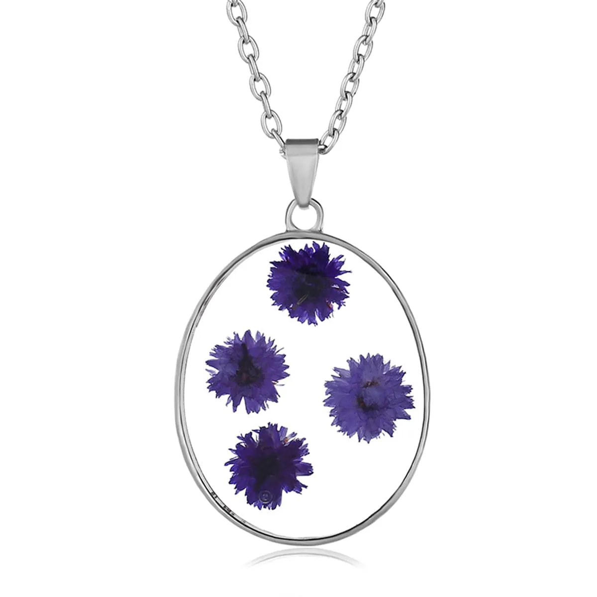 Purple Pressed Peach Blossom & Silver-Plated Oval Pendant Necklace