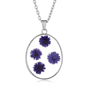 Purple Pressed Peach Blossom & Silver-Plated Oval Pendant Necklace