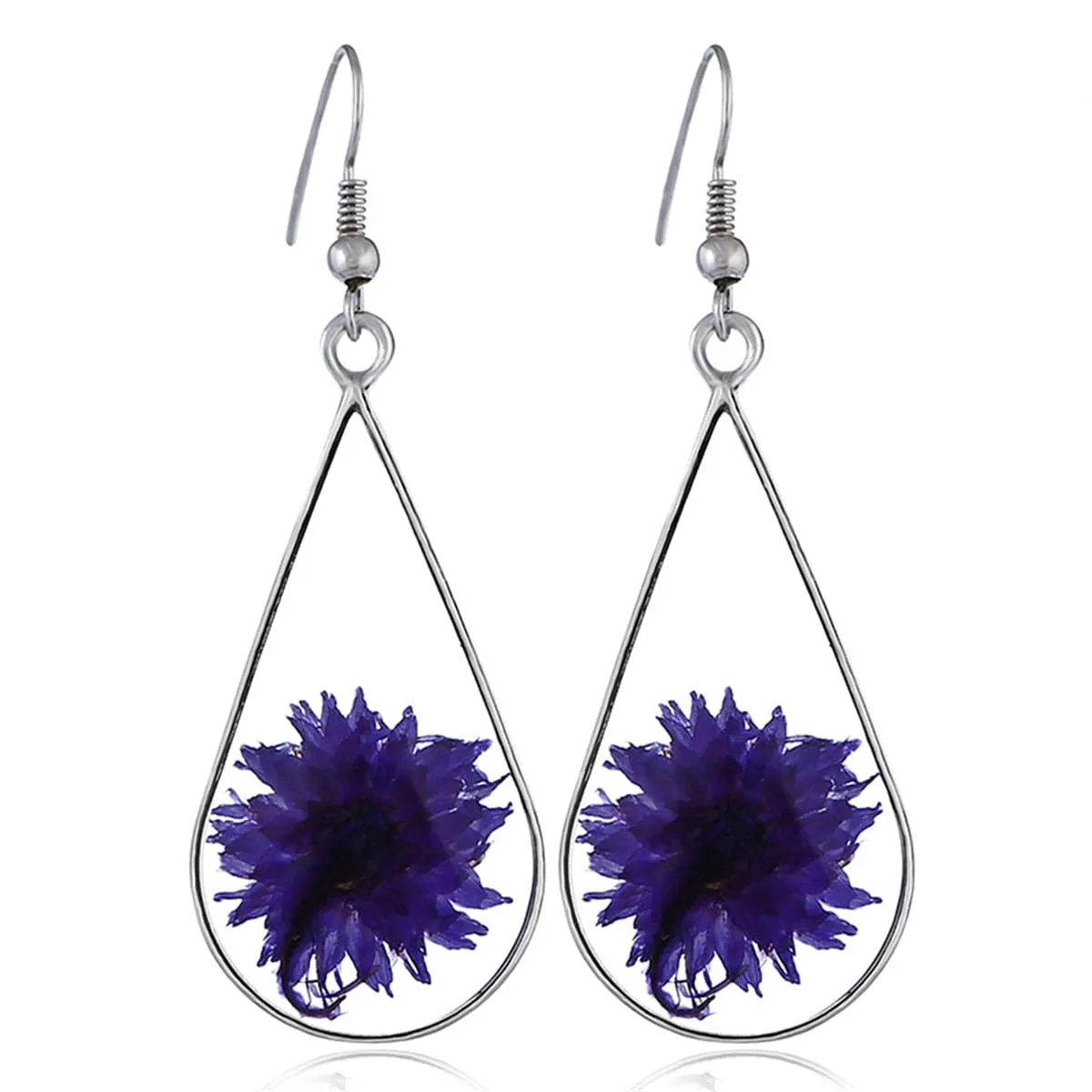 Purple Pressed Peony & Silver-Plated Drop Earrings
