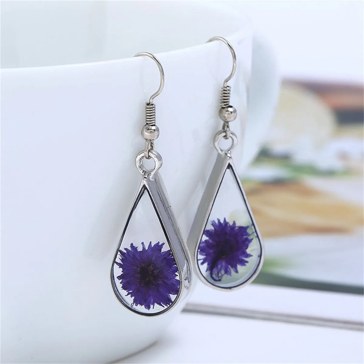 Purple Pressed Peony & Silver-Plated Drop Earrings