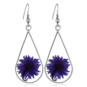 Purple Pressed Peony & Silver-Plated Drop Earrings