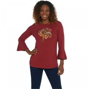Quacker Factory Women's Bell Sleeve Embellished Front Motif Knit Top