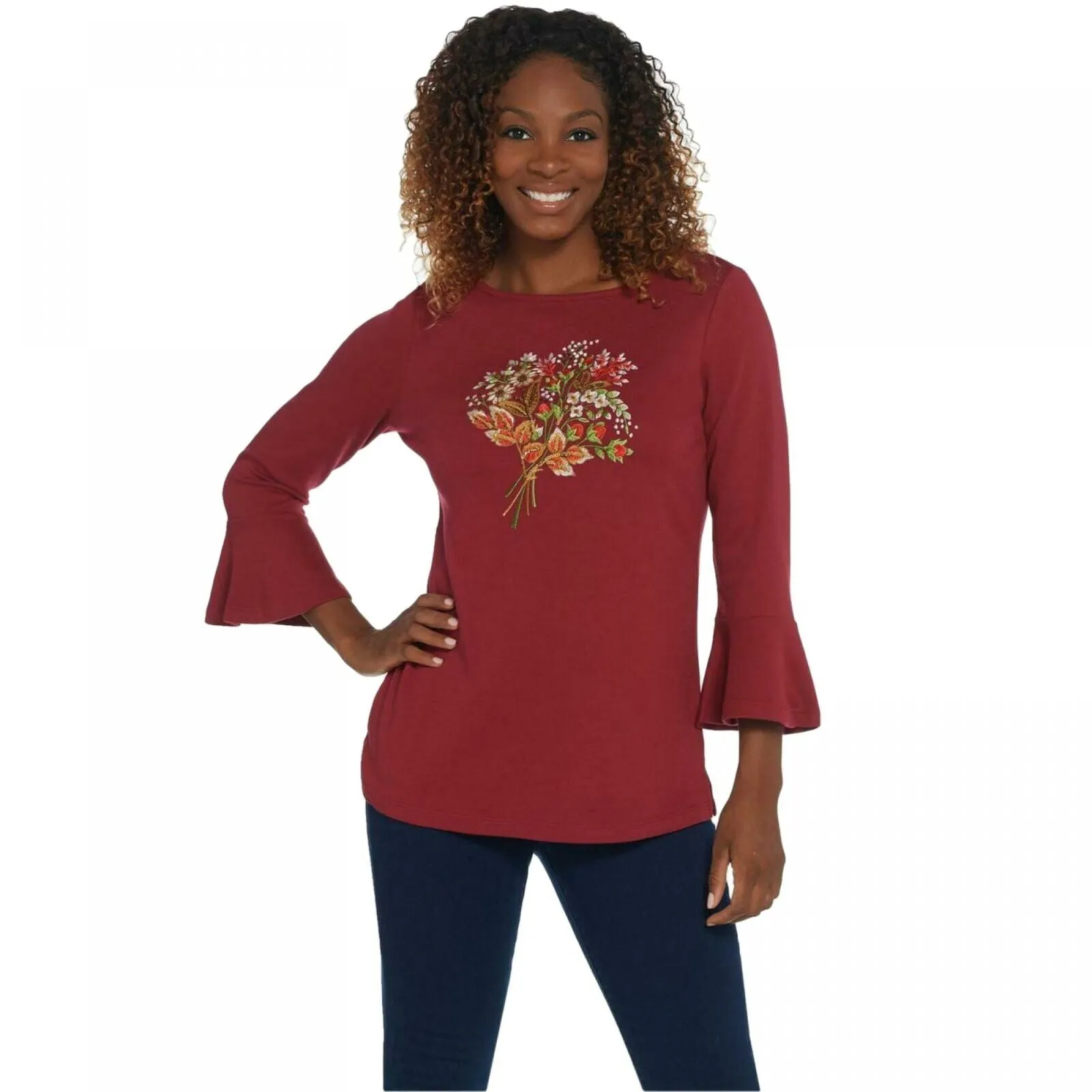 Quacker Factory Women's Bell Sleeve Embellished Front Motif Knit Top