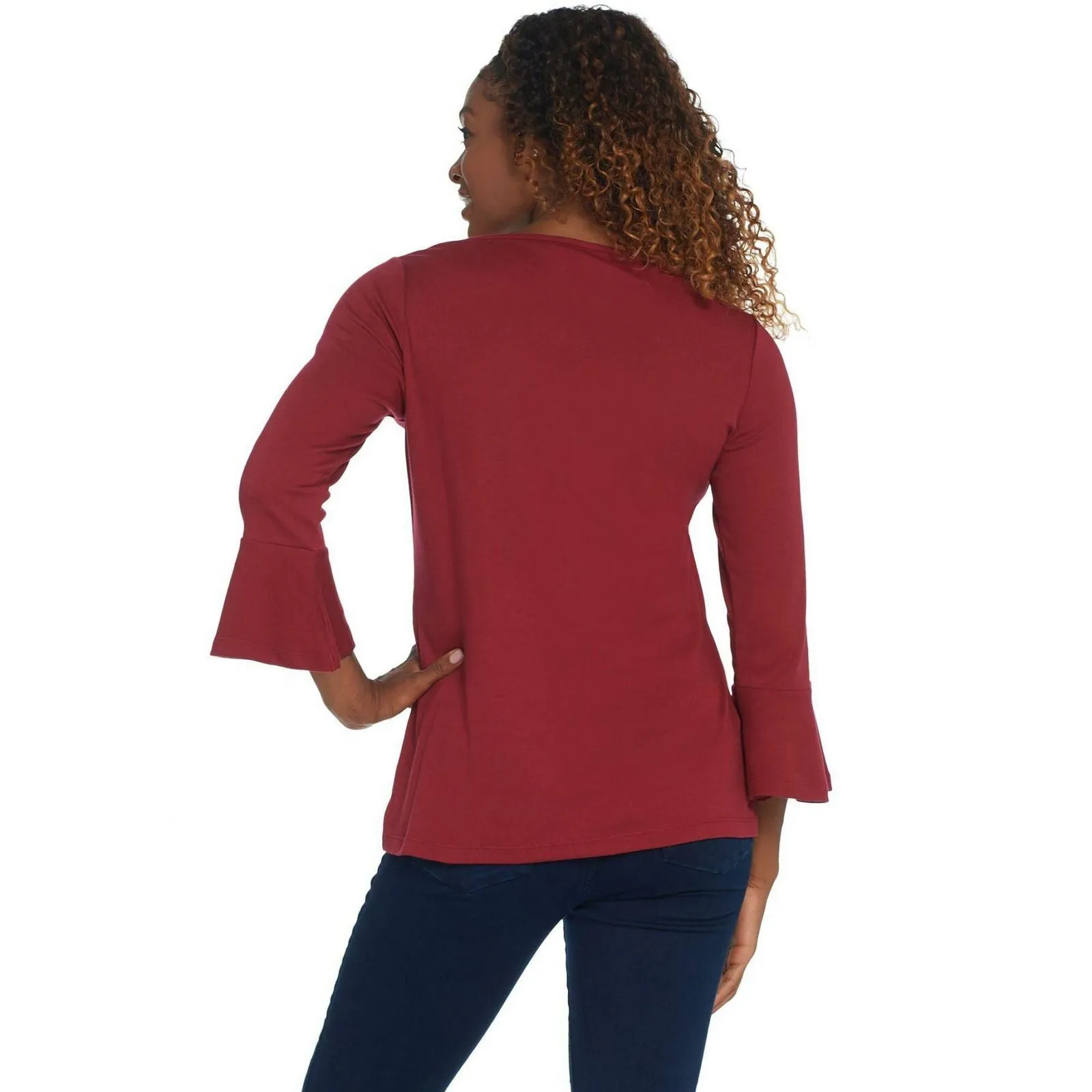Quacker Factory Women's Bell Sleeve Embellished Front Motif Knit Top