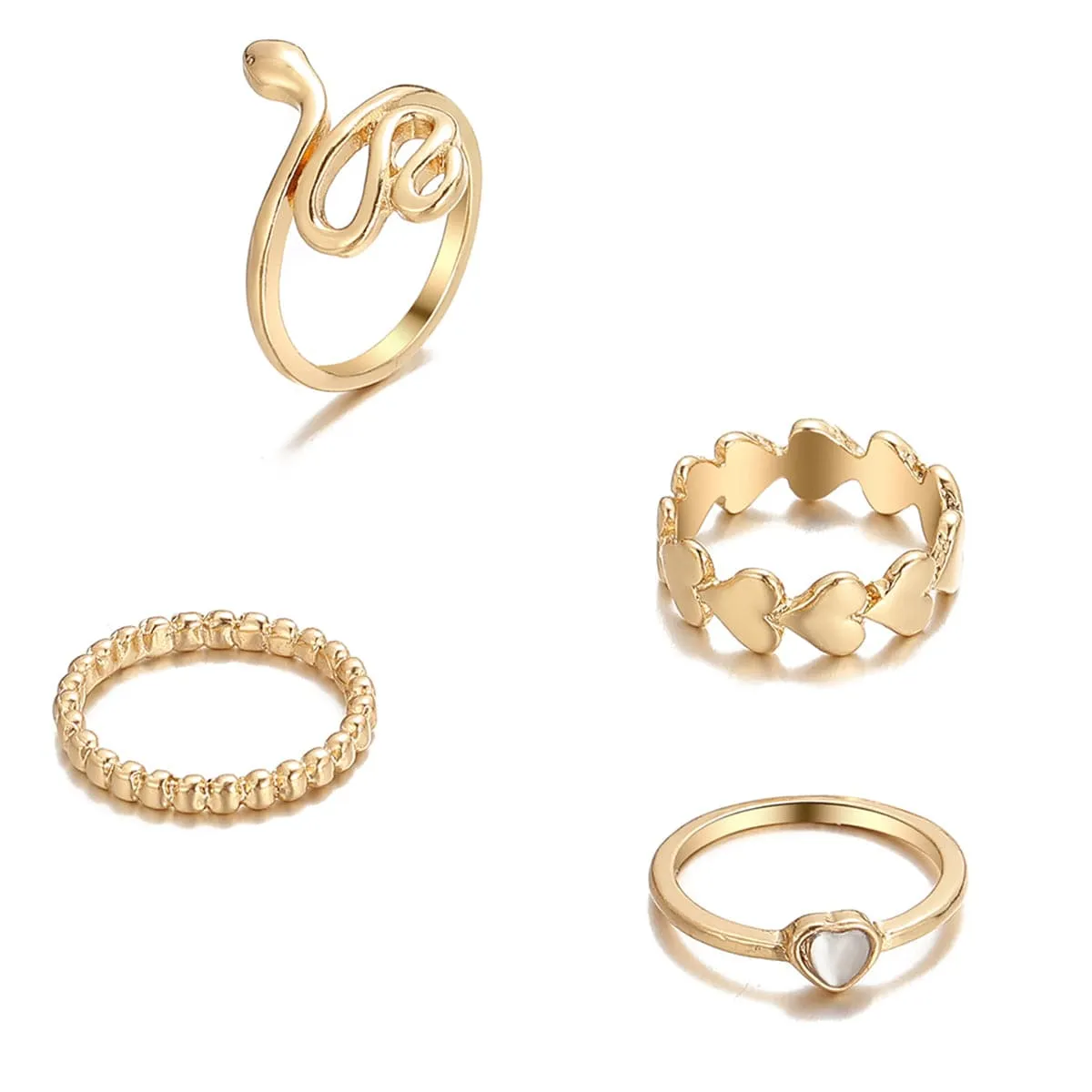 Quartz & 18K Gold-Plated Heart Snake Four-Piece Ring Set