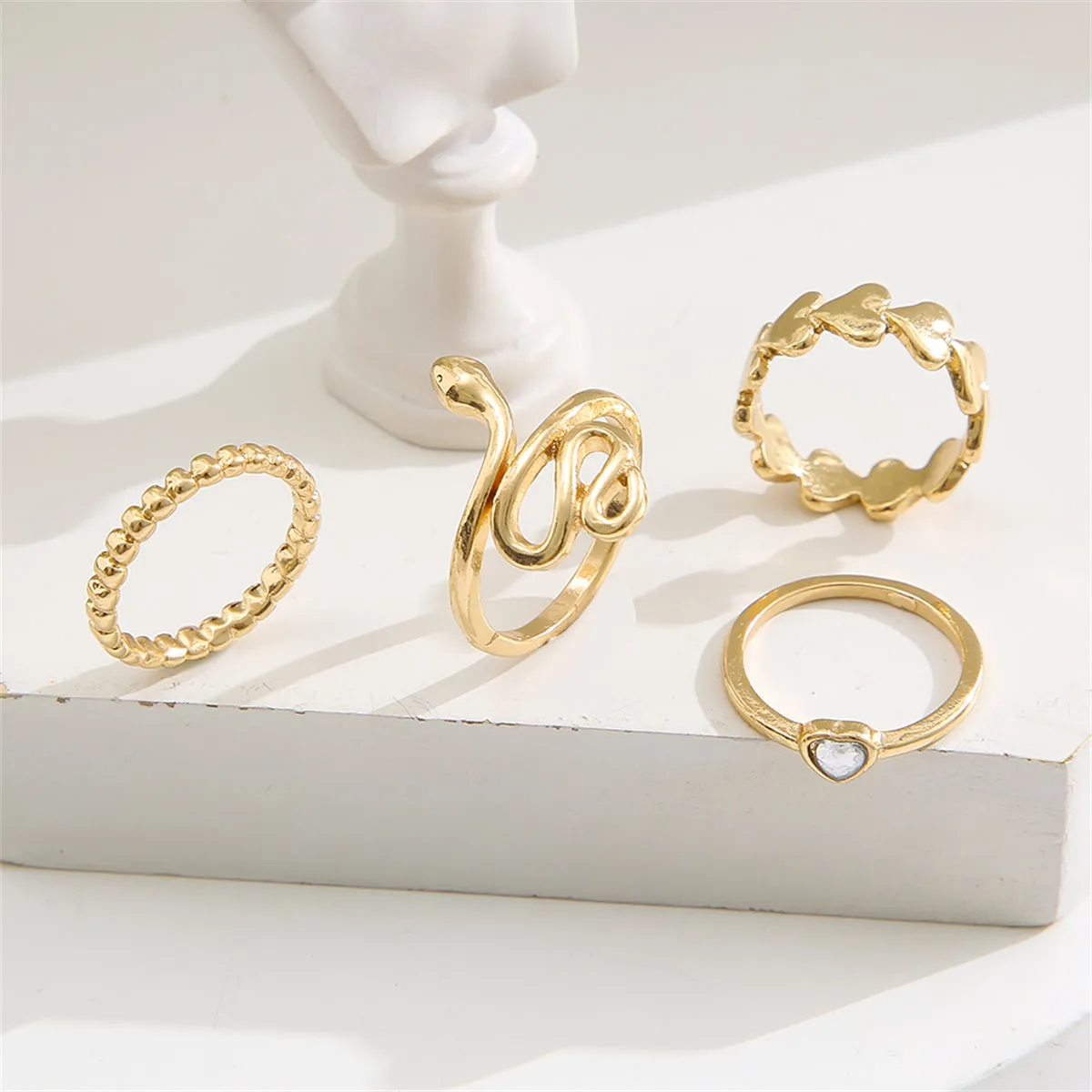 Quartz & 18K Gold-Plated Heart Snake Four-Piece Ring Set