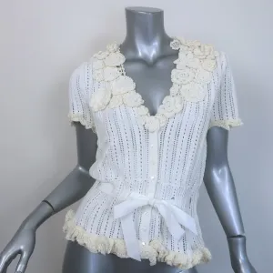 Ralph Lauren Black Label Crochet Flower-Embellished Knit Top Cream Size Medium