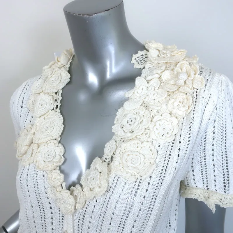 Ralph Lauren Black Label Crochet Flower-Embellished Knit Top Cream Size Medium
