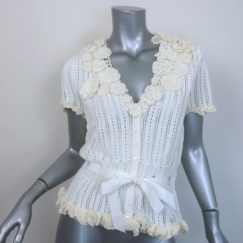 Ralph Lauren Black Label Crochet Flower-Embellished Knit Top Cream Size Medium