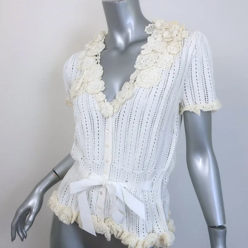 Ralph Lauren Black Label Crochet Flower-Embellished Knit Top Cream Size Medium