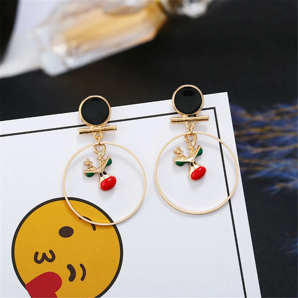 Red & 18K Gold-Plated Suspended Reindeer Drop Earrings