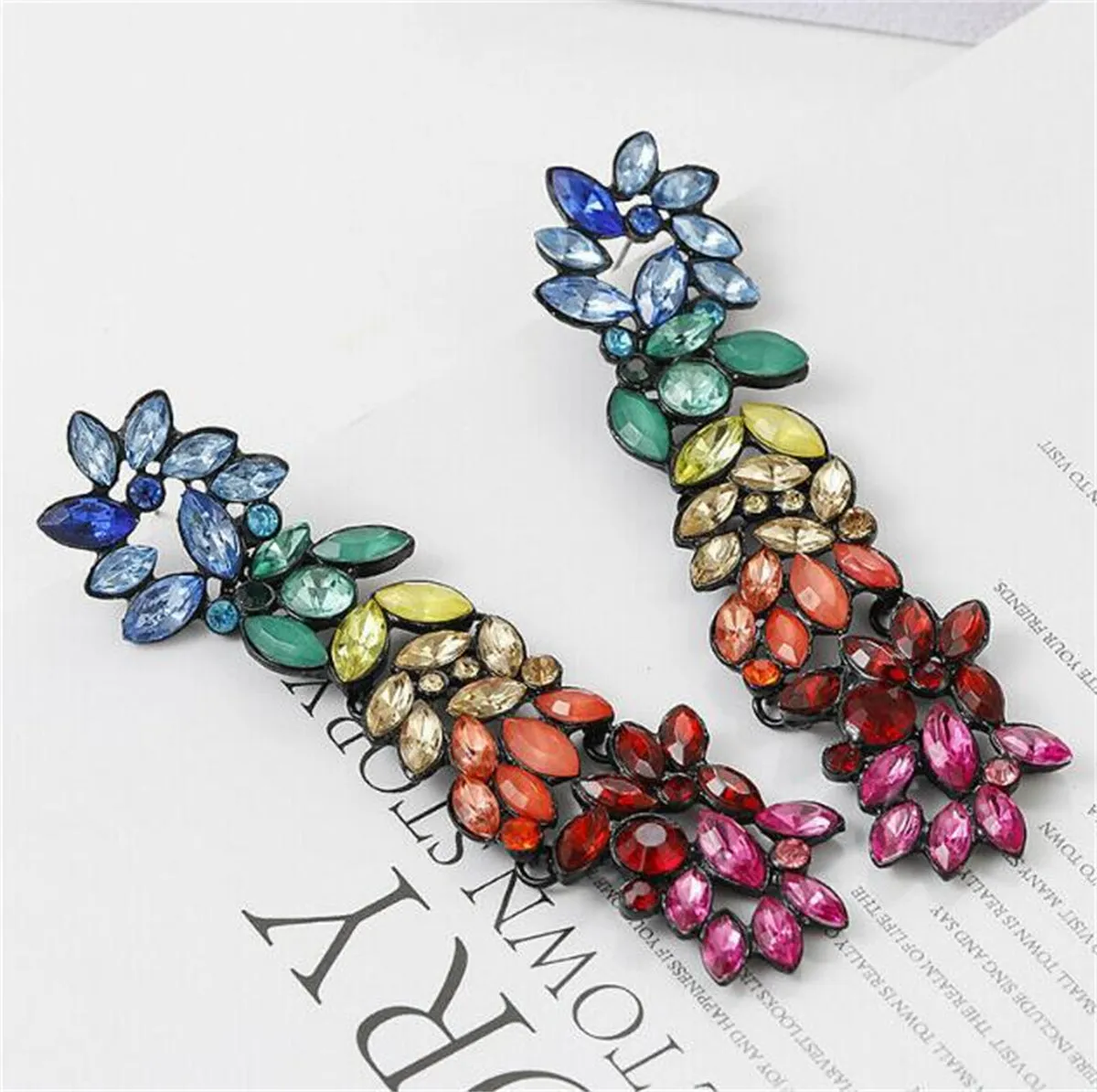 Red & Blue Crystal Cluster Drop Earrings
