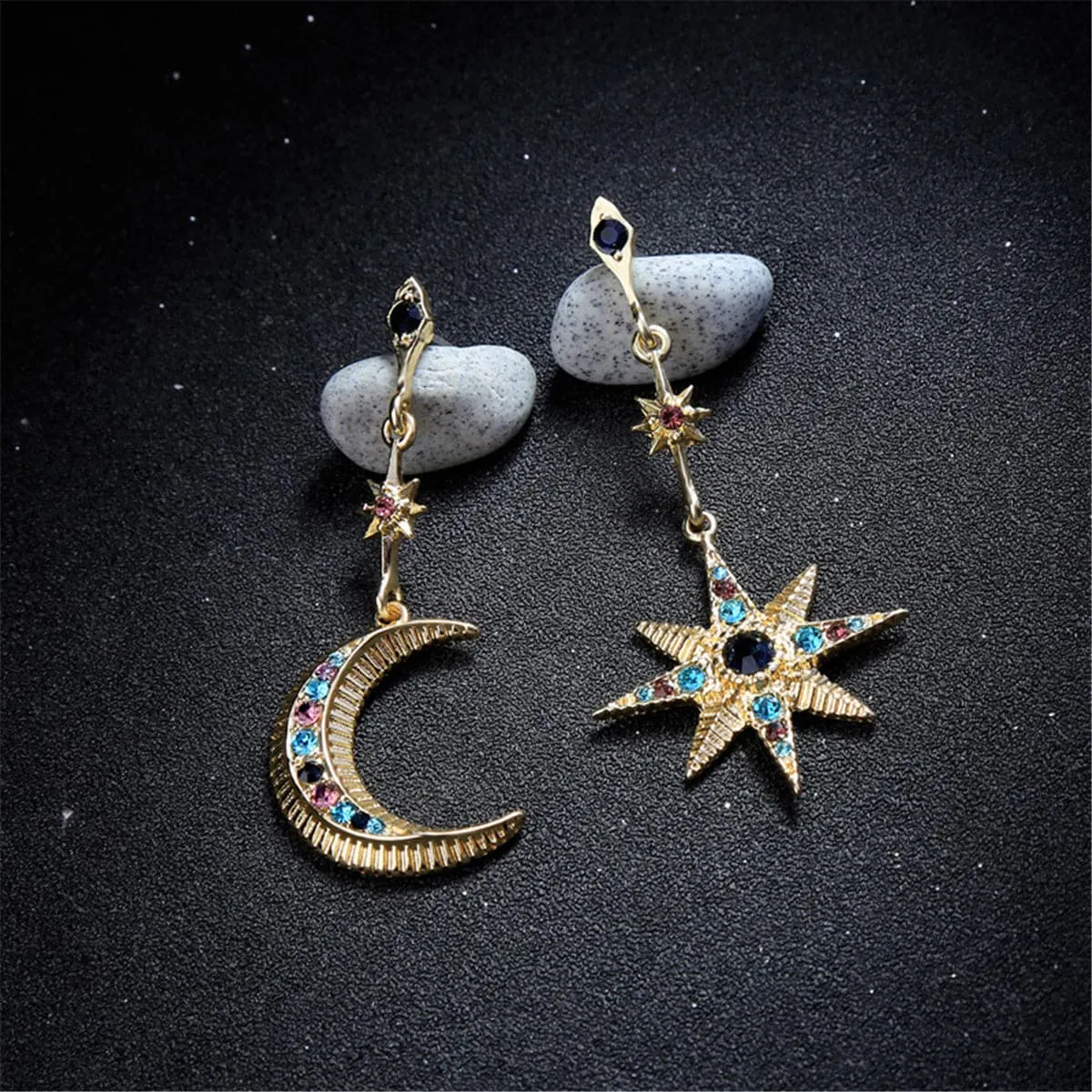 Red & Blue Cubic Zirconia Asymmetrical Space Drop Earrings