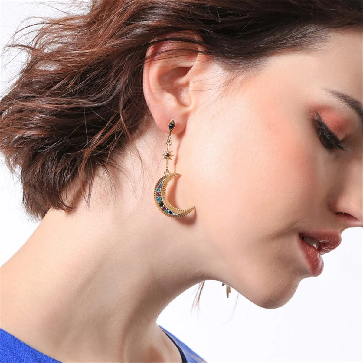 Red & Blue Cubic Zirconia Asymmetrical Space Drop Earrings